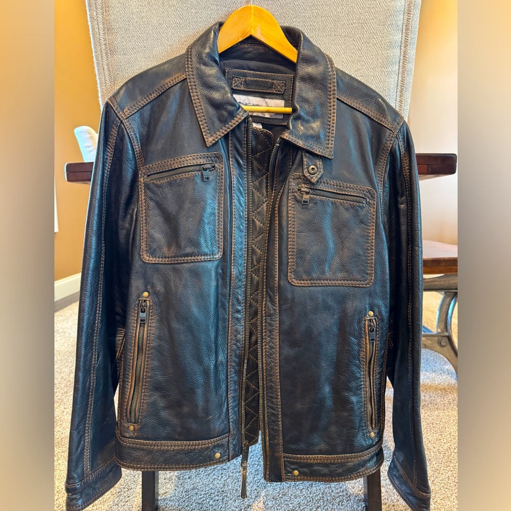 Andrew Marc, mens, medium, brown leather motorcycle jacket
Luxury line